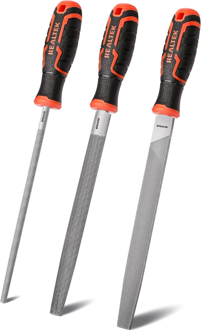 REALTEK 3-Piece Metal File Set, 12-inch Double Sided Steel Set, Includes Half-Round/Round/Flat Files, T12 Carbon Sharpening File, Professional Hand Files for Hard Metal Shaping - Image 1